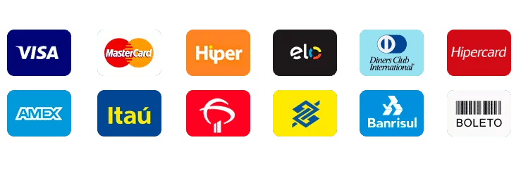 Formas de Pagamento - Visa, Mastercard, Elo, Hipercard, Amex, Itaú, Bradesco, Banco do Brasil, Banrisul, Boleto